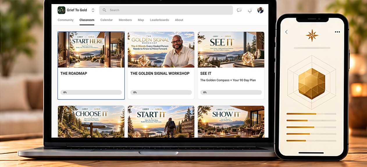 Preview of the Golden Compass online classroom on a laptop and phone: Home, Community, Classroom, and the five Golden Compass tools